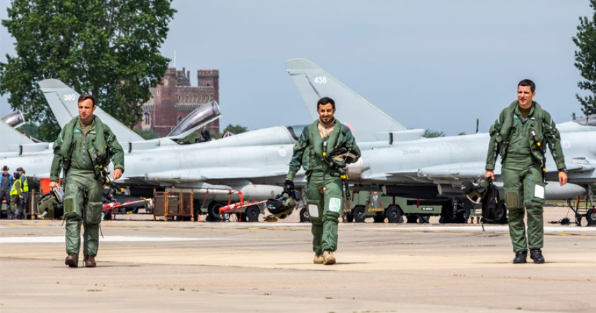 A joint British-Qatari Typhoon squadron carries out its flights