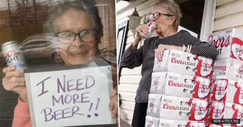 93-Year-Old Lady Gets 150 Cans Of Beer Delivered To Her Door After Holding Up ‘I Need Beer’ Sign